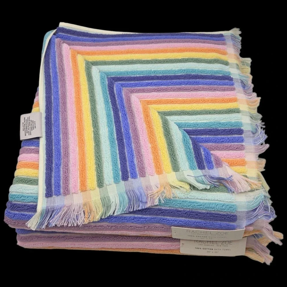 Rachel Zoe 8pc Rainbow Striped Fringe Cotton Towel Set 2 Bath 4Wash 2Hand Multi